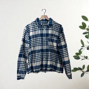 Zara Women’s Blue and White Checkered Cotton Shirt Size L